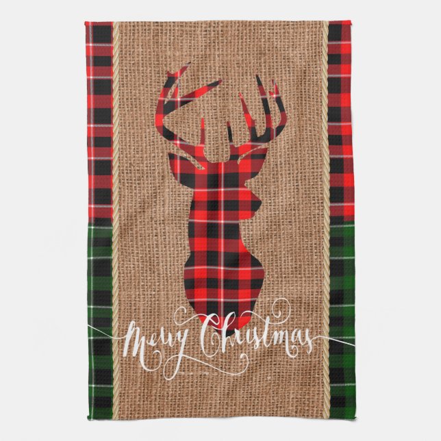 Cabin Style - A Plaid Deer Head on Burlap & Plaid Tea Towel (Vertical)