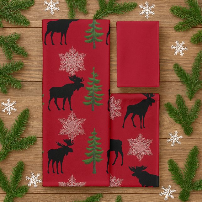 Cabin Style Moose Pine Tree Snowflake Christmas  Bath Towel Set (Rustic  moose, pine and snowflakes on red towels set . A perfect print for Christmas and beyond )