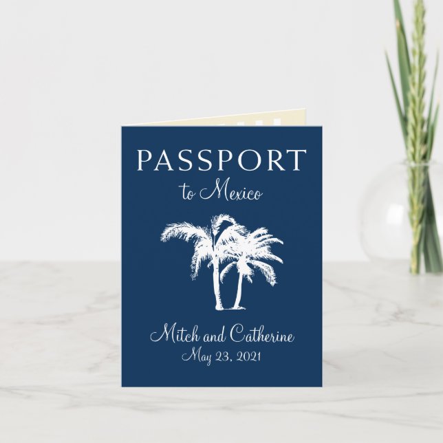 Cabo Mexico Navy Blue Palm Tree Passport Wedding Invitation (Front)