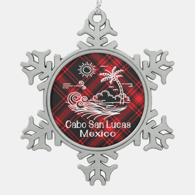 Cabo San Lucas Mexico on Red Tartan Snowflake Pewter Christmas Ornament (Front)