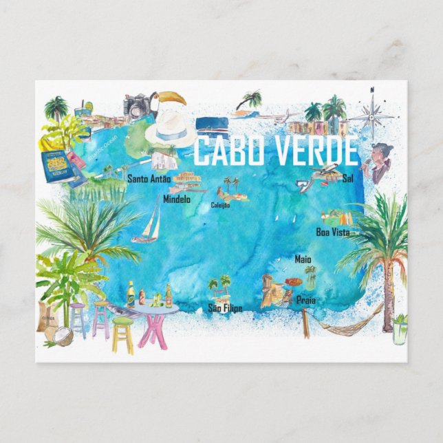 Cabo Verde Illustrated Island Travel Map Postcard (Front)