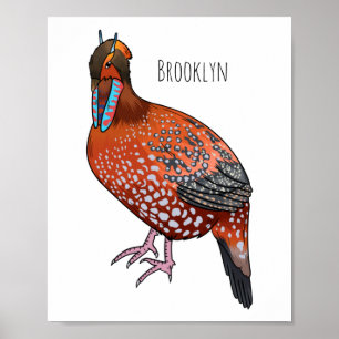 Cabot's tragopan bird cartoon illustration  poster