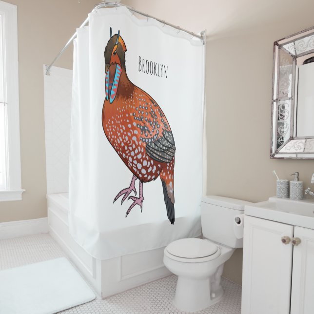 Cabot's tragopan bird cartoon illustration  shower curtain (In Situ)
