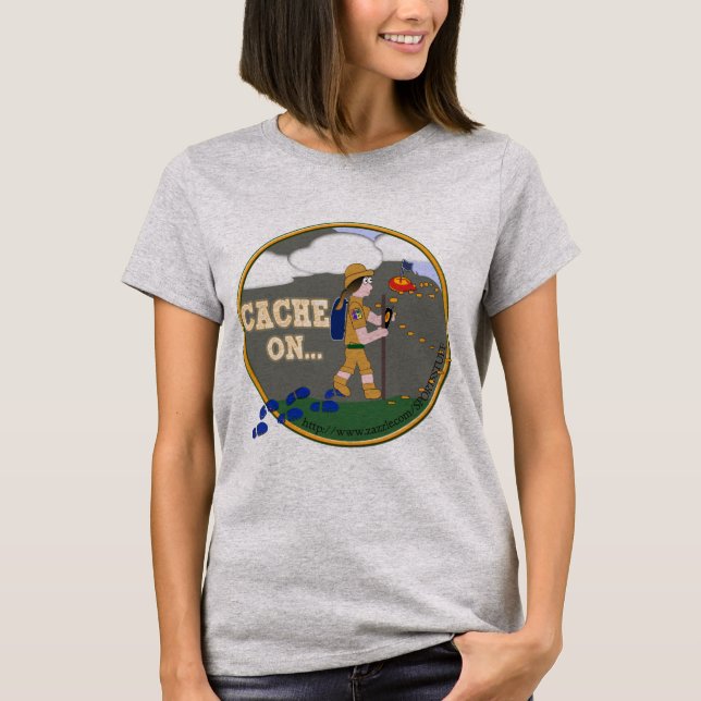 CACHE ON! GEOCACHING CHICK GIRL BRUNETTE T-Shirt (Front)