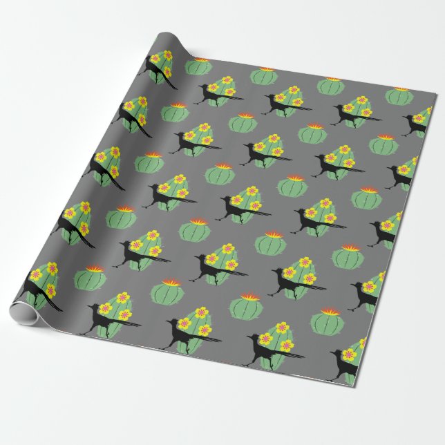 Cacti And Roadrunners Wrapping Paper (Unrolled)
