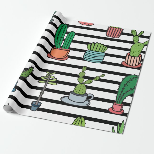 Cacti and Succulents on Stripes Pattern Wrapping Paper (Unrolled)