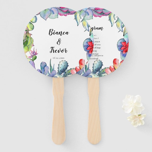 Cacti and succulents watercolor wedding program hand fan (Front and Back)