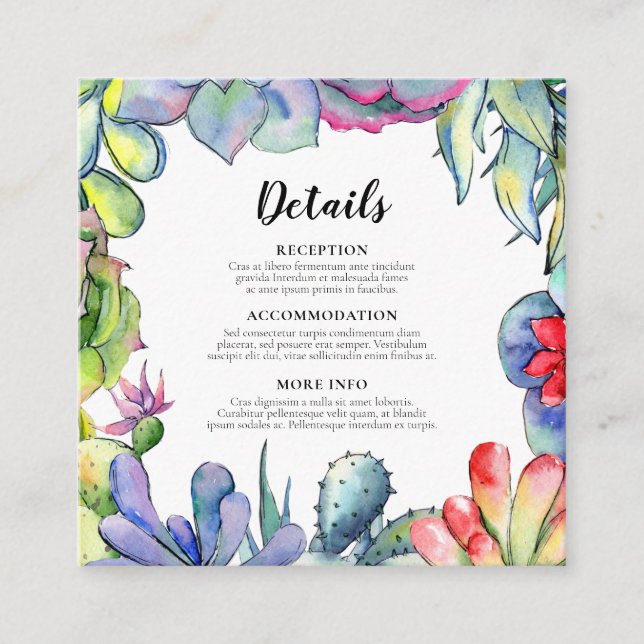 Cacti and succulents wedding guest information enclosure card (Front)