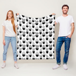 Cacti Black Line Art Large Pattern Fleece Blanket