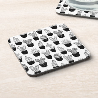Cacti Black Line Art Pattern Coaster