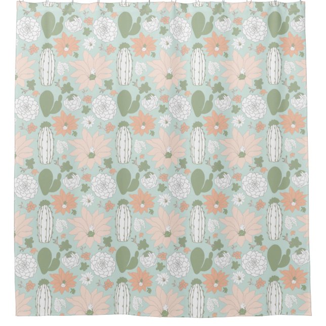 Cacti Cactus Peach Green Succulents Floral Print Shower Curtain (Front)