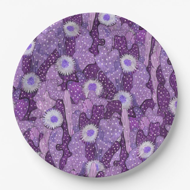Cacti Camouflage, Floral Pattern Purple Violet Paper Plate (Front)