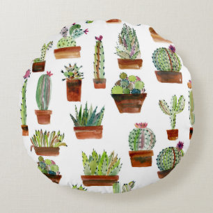 Cacti Charm: Watercolor Succulent Texture. Round Cushion