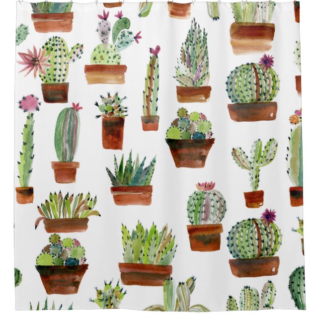 Cacti Charm: Watercolor Succulent Texture. Shower Curtain (Front)