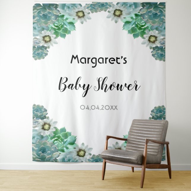 Cacti flowers and succulents white Baby Shower Tapestry (In Situ)