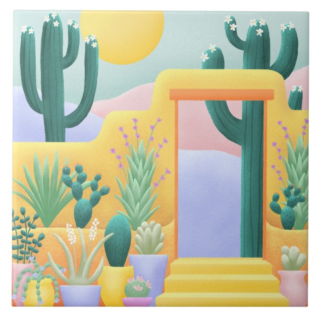 Cacti Garden Southwestern Desert Landscape Artwork Tile (Front)