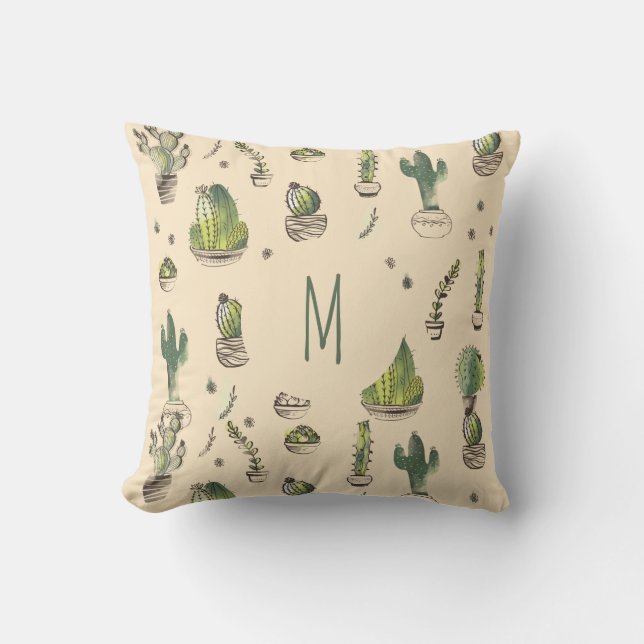 Cacti Illustration Pattern Monogram Cushion (Front)