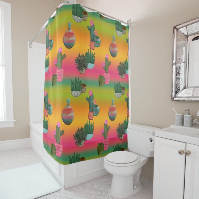 Cacti in Pots Ombre Pink and Gold Beautiful Shower Curtain (In Situ)