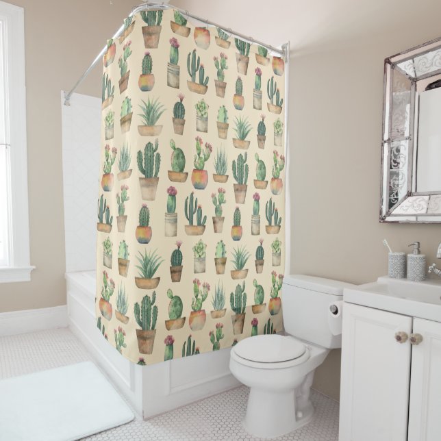 Cacti Pattern Plants Illustration Shower Curtain (In Situ)