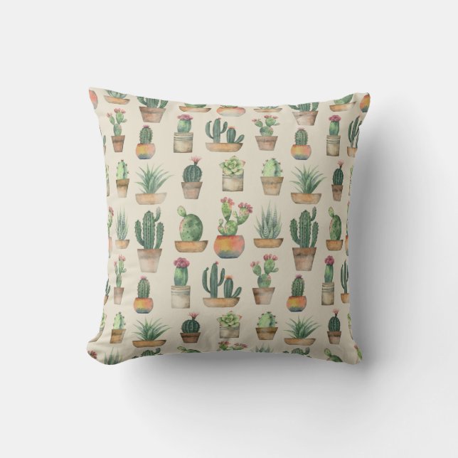 Cacti Plants Pattern Botanical Illustration Cushion (Front)