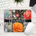Cacti roses stylish chic photo script custom name mouse pad<br><div class="desc">Brilliantly red, yellow, and orange-hued roses and lush green, aqua, and black cacti shout warm, summer days. Enjoy the blossoms and the peaceful atmosphere of a vibrant garden whenever you use this stunning photography custom name mousepad. Makes a great gift for someone special! Just type in the name of your...</div>