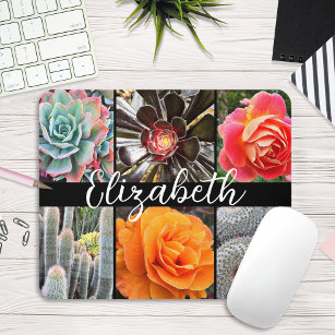 Cacti roses stylish chic photo script custom name mouse pad