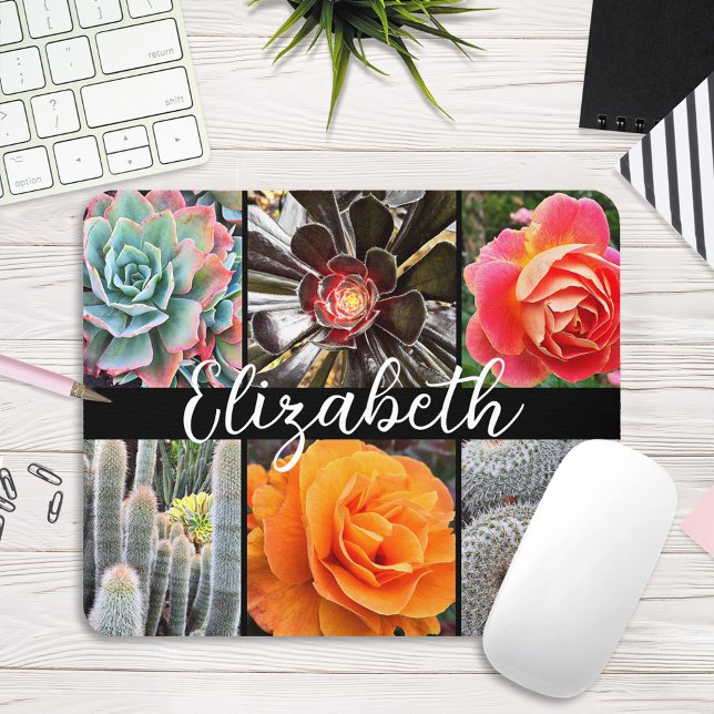 Cacti roses stylish chic photo script custom name mouse pad (Creator Uploaded)