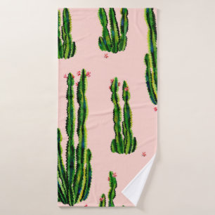 Cacti seamless pattern watercolor. Cactus in bloss Bath Towel