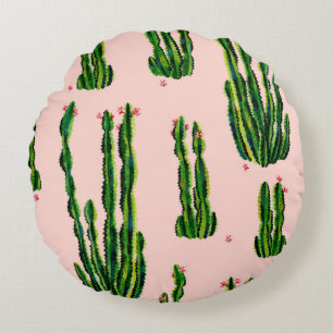 Cacti seamless pattern watercolor. Cactus in bloss Round Cushion