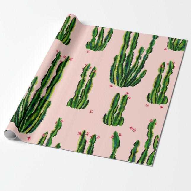 Cacti seamless pattern watercolor. Cactus in bloss Wrapping Paper (Unrolled)