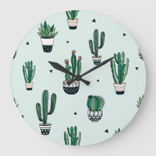 Cacti-succulents, hand-drawn seamless pattern. large clock