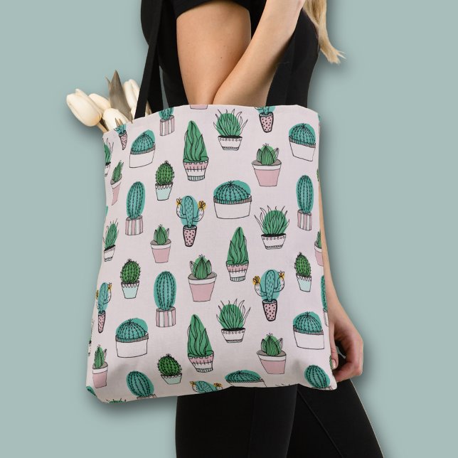 Cacti succulents potted plant pattern tote bag (Cacti Cactus Potted Plants all over print tote bag)