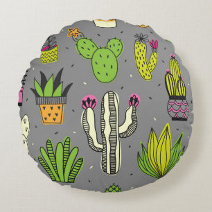 Cacti, succulents: tropical vintage background. round cushion