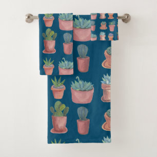 Cacti Succulents Watercolor Terracotta Pots Indigo Bath Towel Set