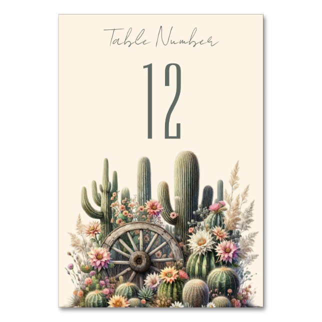 Cacti & Wagon Wheel Rustic Wedding Table Number (Front)
