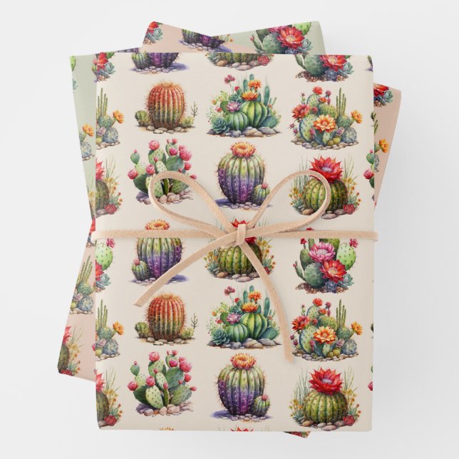 Cacti Watercolor Pattern Wrapping Paper Sheets (In situ)