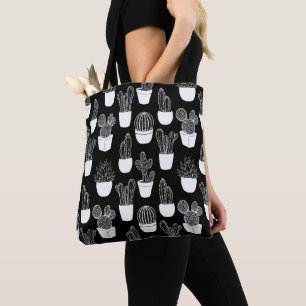 Cacti White Line Art Large Pattern Tote Bag