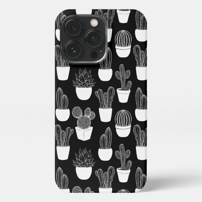 Cacti White Line Art Pattern iPhone Case (Back)