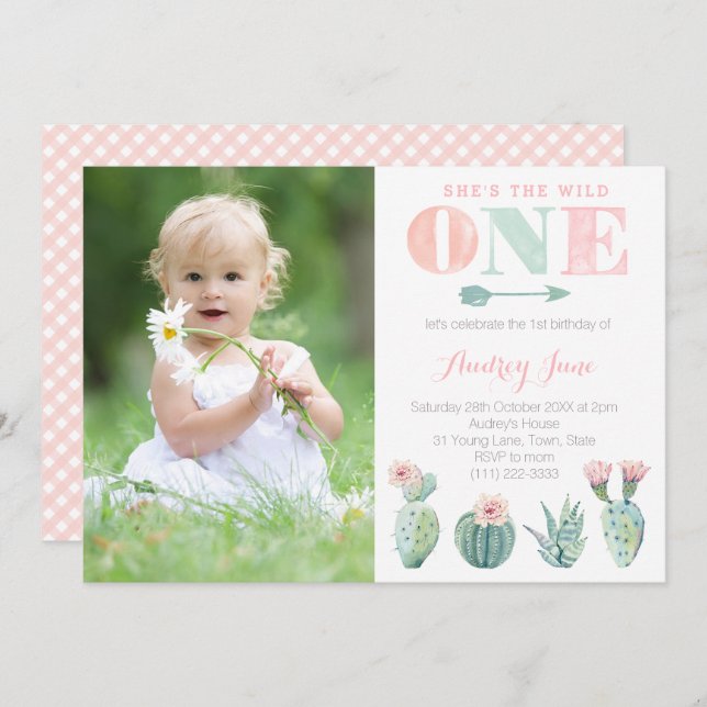 Cactus 1st Birthday Invitations for Girl, Pastels (Front/Back)