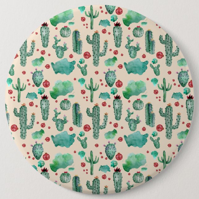 cactus and ladybug pattern - beige background 6 cm round badge (Front)