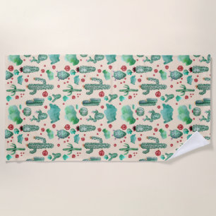 cactus and ladybug pattern - beige background beach towel