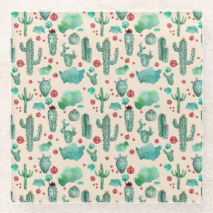 cactus and ladybug pattern - beige background glass coaster