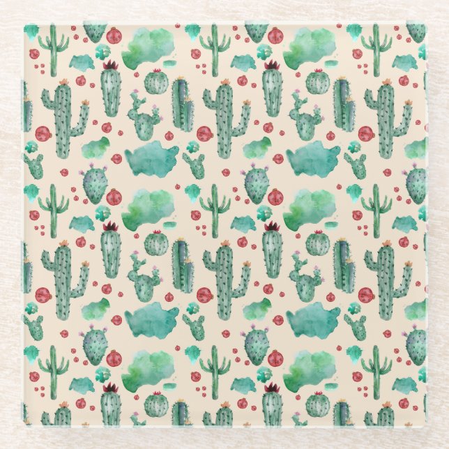 cactus and ladybug pattern - beige background glass coaster (Front)