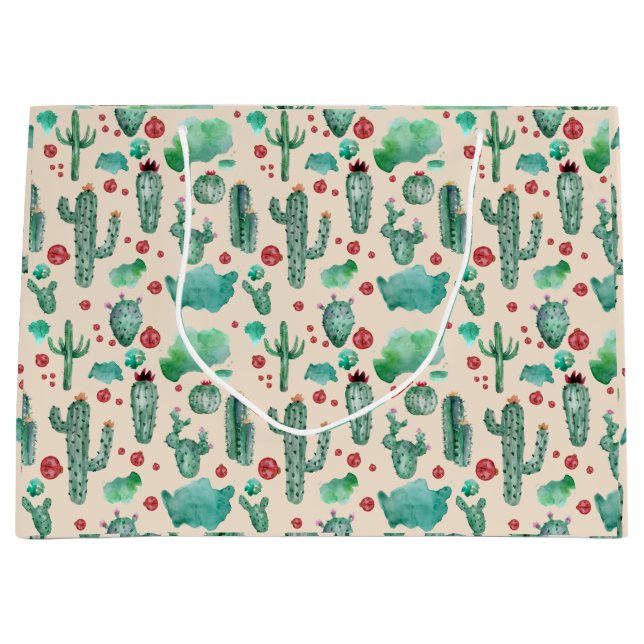 cactus and ladybug pattern - beige background large gift bag (Front)