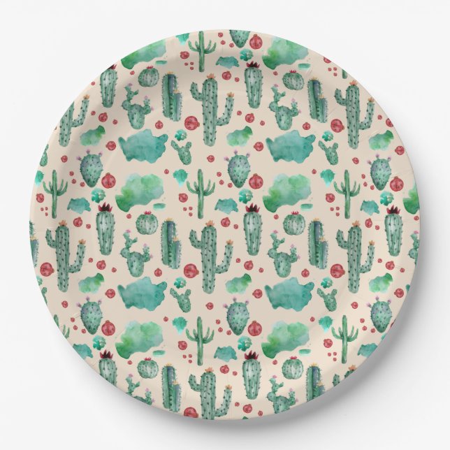 cactus and ladybug pattern - beige background paper plate (Front)