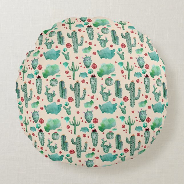 cactus and ladybug pattern - beige background round cushion (Front)