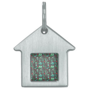 cactus and ladybug pattern - black background pet ID tag