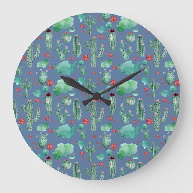 cactus and ladybug pattern - blue background large clock (Front)