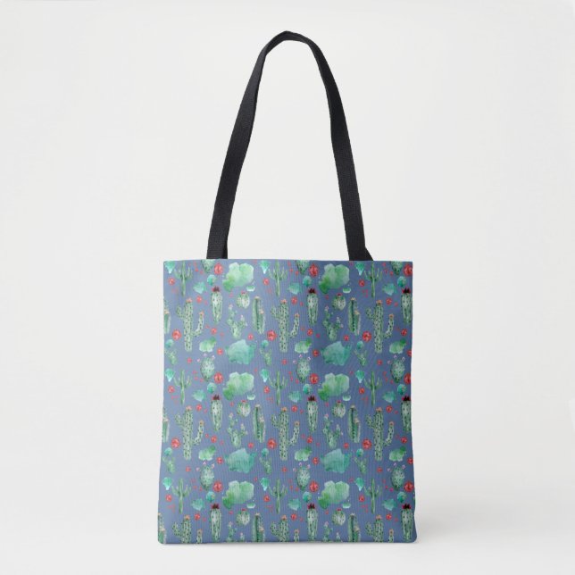 cactus and ladybug pattern - blue background tote bag (Front)