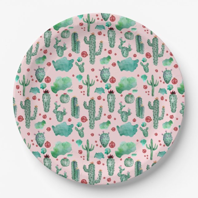 cactus and ladybug pattern - light pink background paper plate (Front)